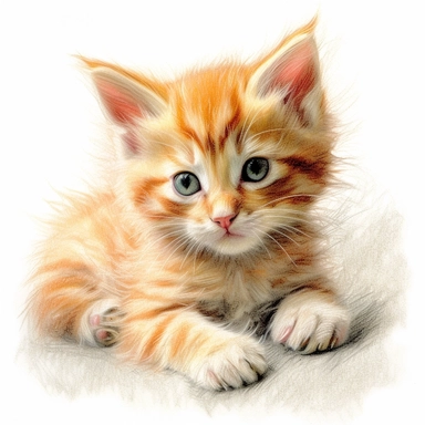 A fuzzy orange kitten, color pencil sketch on a white background for clipart