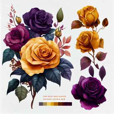 one group of detailed roses clipart ,the colors are Mustard Yellow and Deep Purple arranged clipart, watercolor, 8k, white blank background