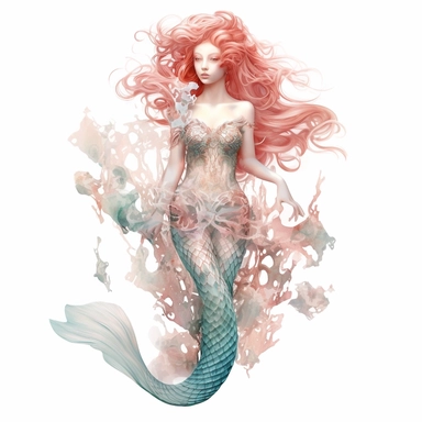 rose gold full body mermaid girl isoleted on white background,scales, mermaid tail, in the style of anna dittmann, rose and aquamarine, zhang jingna, detailed painting, detailed character illustrations, fluid, watery, organic shapes, transparent/translucent medium, isoleted on white background, total body, mermaid body, seashells, clipart