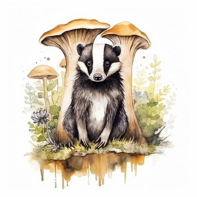 WOODLAND BADGER, CLIPART, WATER COLOUR, WHITE BACKGROUND