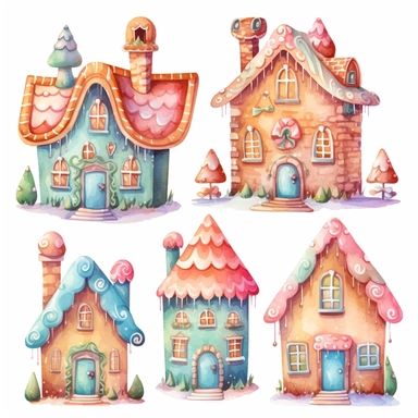 very simple watercolour childrens book style drawing of different cute gingerbread houses, pastel colours soft on white background for clipart, 8k
