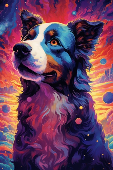 render a work of art, dan mumford style enhanced, colors, oneiric, Border Collie Dog Breed, Border Collie Dog Breed above the clouds, intricate detail, surrealism, oil painting, angelic, ecstatic, aged, ethereal, impossible, otherworldly, surface detail, global illumination, beautiful color gradation, pastel colors,day, daily, no bad image, cartoon, game style, glitch, clipped, jpeg artifacts, blurry, thick, elongated, curved, dry, crooked, uniform proportions.