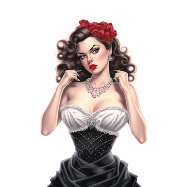 beautiful stunning pretty vintage burlesque girl, elegant corsets and jewles, paint art style, clipart, white background, superrealistic, one of a kind