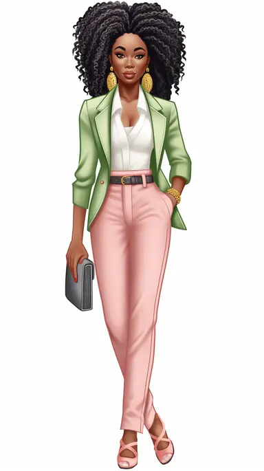 full body stylish African American woman clip art wearing salmon pink shirt and apple green suit and heels, intricate braided hairstyle , white background
