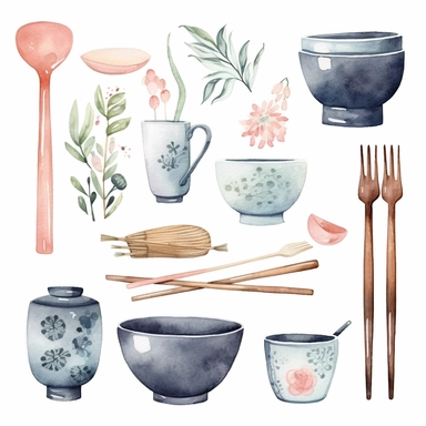 Watercolor 반찬, illustrations clipart set, simple, soft colors, cartoon elements, different variants,, porcelain elements, chopsticks , separate elements with a margin