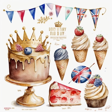 british cakes, union jack theme, large shinny gold king crown, buntings, birthday red blue gold balloons symbolic objects icons detailed pencil watercolor illustration clipart pure white background #FFFFF