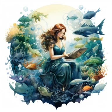 Clipart watercolor: mermaid perched on a seashell throne, surrounded by curious sea turtles and tropical fish