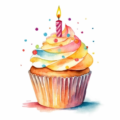 watercolor clipart image, birthday cupcake with a candle, white background