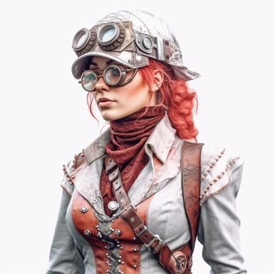 Solid white background. Waist-up portrait of a compelling steampunk woman with a magnetic gaze. Her white skin tone is complemented by her pastel scarlet and iron outfit, steampunk-inspired metallic elements. Her hat, with only built-in goggles and cloak, completes her look perfectly. The background is free of steampunk elements. Pastel clipart, hyper-realistic, retro-futurism, solid white background