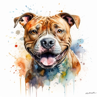 cute Staffordshire Bull Terrier dog portrait, full face, centered shot, side shot, dynamically posed, in action, playful mood, happy mood, playing mood, cute face, adorable smile, childlike eyes, clean watercolor illustration, white background, nursery baby imagery, painting, detailed, 8k, PNG, clipart,