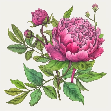Ultra detailed Peony with branch and leaf clipart, vibrant color, super cute, spring peony clipart, spring large bouquet