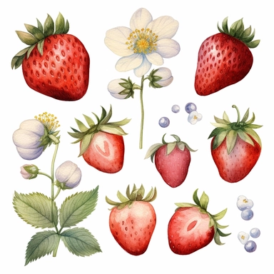 Strawberries watercolor clipart, white background, neutral muted colors, high quality, hyperrealistic, detailed, vintage, color palette red, blue, white, picnic