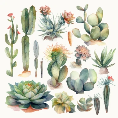 Watercolor Cacti Clipart Home watercolour plant Succulents digital clipart desert plant greenery png planner clipart Summer home decor, completely surrounded by white backround, zero overlap, no touching objects, all objects in the same foreground, no words