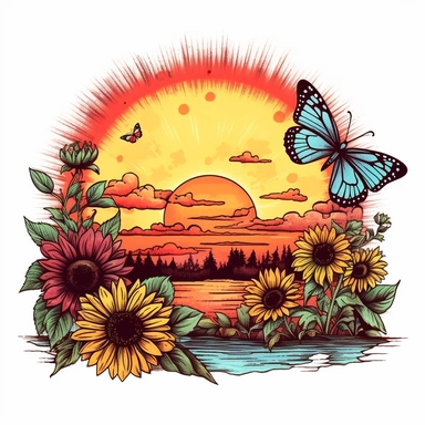 boho colored, rainbow sunset, with sunflowers, and butterflies, classic tattoo motif, clipart on white background, engraved line work, retro, borders