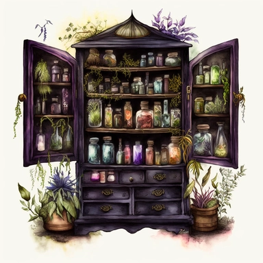 Watercolour Witches Apothecary Cabinet, dark fantasy, woodland, highly detailed, mystical, drawers, Clipart