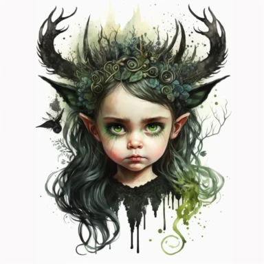 boho little girl, big eyes, maleficent, black crown and horns, staff with green fire, very detailed and realistic, watercolor, portrait , white background with margins, clipart style,