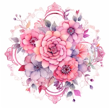 Delicate watercolor clipart showcasing a cluster of pink flowers, viewed from a bird's-eye perspective, arranged in a circular frame adorned with intricate mandala patterns, symbolizing the interconnectedness of all living things and inviting contemplation, clipart on a white backdrop.