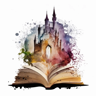 Clipart, Mythical Watercolor Castle Emerging from an Open Book, no background, hd