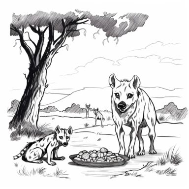 Draw a clipart image of a hyena stealing a lion's dinner. The background should be a savannah landscape with a few trees and bushes. Simple outline, bold lines, black ink on white background. Make sure to leave some space for children to color. Black and white.