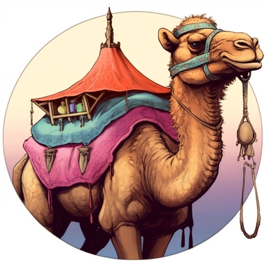 camel with tent howdah, C. M. Russell Josh Kirby Mad Max Lord of the Rings, enamel punk zine indie retrowave, clipart illustration, circular solid background circular border