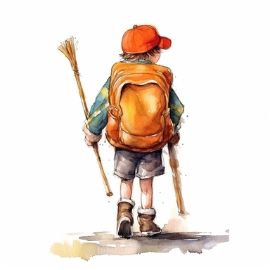 draw a child with a backpack seen from behind and a large pencil as a stick on a white background, .png format, no shadows, no shadows in the background, super realistic in stylized cartoon, high resolution for printing, happy atmosphere suitable for a small child, watercolor clipart