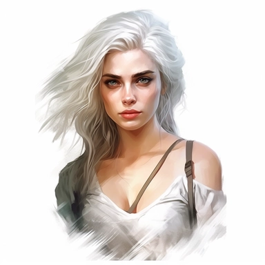 beautiful stunning pretty young woman as Ciri from The witcher character, paint art style, clipart, white background, superrealistic, one of a kind