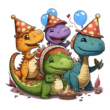 Dinosaur Birthday Boy celebrating with other dinosaur friends, sticker, clipart, happy, friends