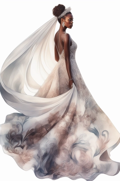 amazing detailed watercolor clipart of a beautiful black woman bride with a beautifully detailed Heavenly draping baroque-inspired haute couture gown on a beautiful young woman stunning seraphim posing a classical fashion setting and a long veil, holding