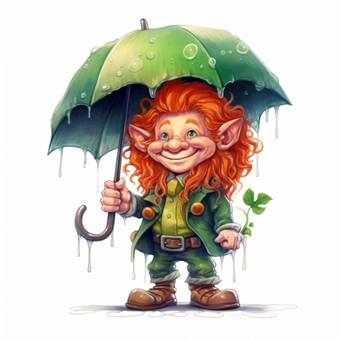 Cute Adorable magical little leprechaun with a cylinder hat and a red beard holds laterally a umbrella in his hand wears a raincape and stand in the rain on a country road, clipart, photorealistic illustration, watercolor, high detail, 8k polished, 8k, vibrant colors, white background