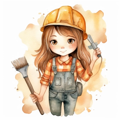 Watercolor collection clipart girl with brown hair construction worker cute childish neutral colors on white background