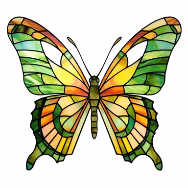 butterfly shaped stained glass clipart, green yellow orange, white background