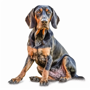 black and tan coonhound in the style of digital airbrushingsitting realistic yet stylized, digitally enhanced, clipart, 32k uhd, detailed crosshatching white background