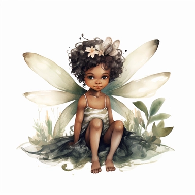 ultra beautiful cute baby girl black skin fairy elf, pixie with beautiful buttefly style wings in a sitting position holding a flower in the woods clipart, water color illustration, mary cecily baker style ,white background
