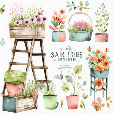 Watercolor Spring Planters Clipart - springtime cute planter boxes and garden ladders