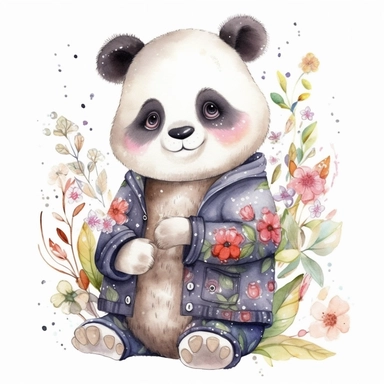 cute panda in cute colored coat, flowers, bamboo, pixar style, cute watercolor clipart, cute illustration, hd, detail, ultra realistic, watercolor spots, isolated on the white background
