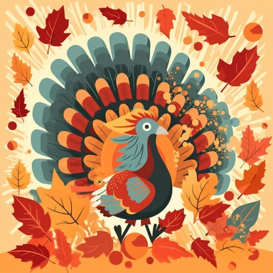 a playful clipart composition showcasing a cheerful turkey surrounded by falling autumn leaves, capturing the essence of Thanksgiving and the beauty of the season.