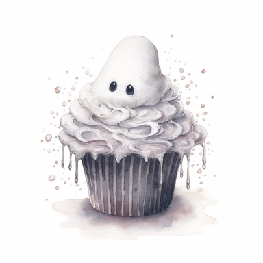 A watercolor pencil illustration of a spooky gothic white magic cupcake, delicious cupcake with a cute white ghost, Kubisi art, inspired by nicoletta ceccoli art, dark magic, watercolour illustration clipart, extremely detailed, 4k, high quality, isolated on white background