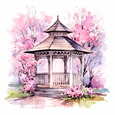 Watercolor clipart illustration, isolated on withe background, gazebo in a spring garden, use delicate purple and pink colors as accents