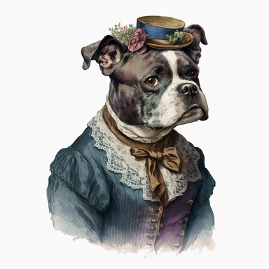 Portrait Shot of a Vintage Anthropomorphic Dog Wearing A Victorian costume Illustration, colorful, 1920s Illustration, Vintage, Antique, Ephemera, Clipart, 8k, Isolated on white