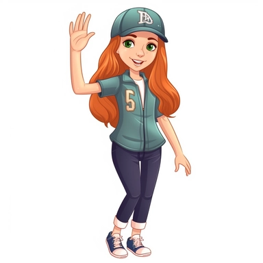 cute young girl about 10 years old with waving ginger hair. She is wearing a baseball cap and dress to watch the baseball. Cartoon, clipart style. Full body. No background.