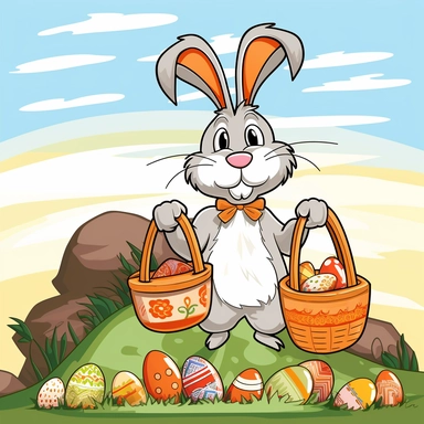 clipart cartoon easter bunny standing up holding a basket of eggs, a carrot, Easter cards and Hot cross buns, Britain style in background