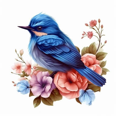 hyper realistic,Cute Beautiful Fairy dark blueBird dark blue Flower Sublimation Clipart, Cartoon, hyper realistic, intricate detail, illustration style, high solution, on white background