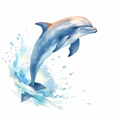 watercolor clipart of a playful dolphin jumping out of the water at the beach, white background