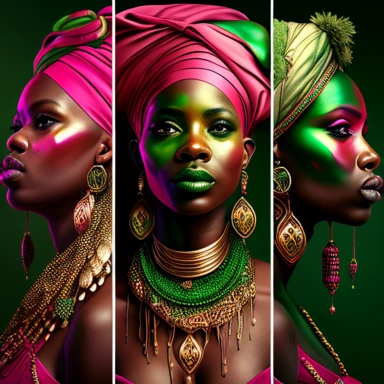 three Nubian woman three panels looking away from each other, hyper realistic clipart,pink and green theme, bold statement, vivid color. Gold jewelry draped around their faces. African face paint warriors