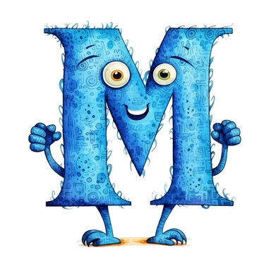 clipart style blue letter M with black line, with arms, legs and friendly cute face for children, isolated, white background,