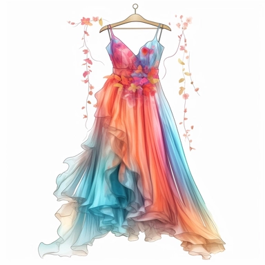 panoramic view, full view, beautiful flowing tropical party dress in vibrant colors on ornate hanger, shabby chic, elegant, ethereal, romantic, fantasy, high detail, shabby chic, sharp focus, 8k, illustration sketch, clipart style, transparent background