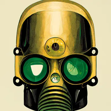 evil science robot in a gas mask, gold and green, clipart