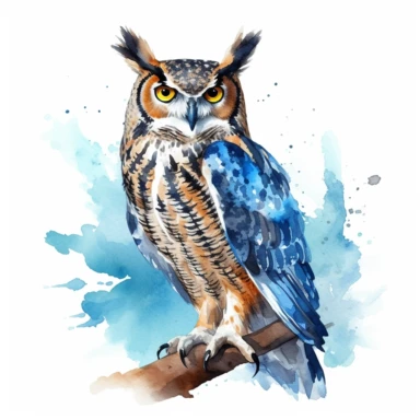 Great Horned Owl, water color style, clipart, white background