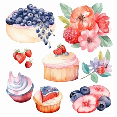 Juego de clipart de pastel de cumpleaños de acuarela. Clipart de pastel de flores de boda. Tarta de frutas. Diseño de pastel de logotipo. Clipart de panadería de alimentos. Watercolor graphic Set, Hand painted ilustrations, white background