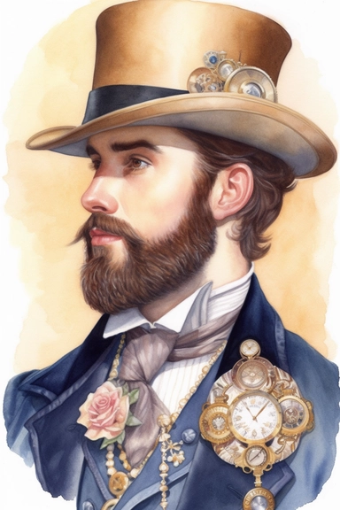 a realistic watercolor forward-facing portrait painting, of a very handsome, vintage steampunk man, with a beard, ultra-realistic skin, sweaty skin, blushed cheeks, ultra-realistic shiny hair, wearing a top hat with cogs, pocket watch, and roses, in the style of white, and bright shiny gold, on a white background, multi-layered shading, depth of shading, charming character illustrations, UHD, sketchfab, colorful costumes, detailed features, perfectly formed, glistening, wires, emitting diodes, k